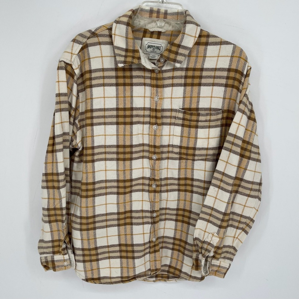 American Eagle Women's Tan Plaid Flannel Long Sleeve Button Up Shirt Size M